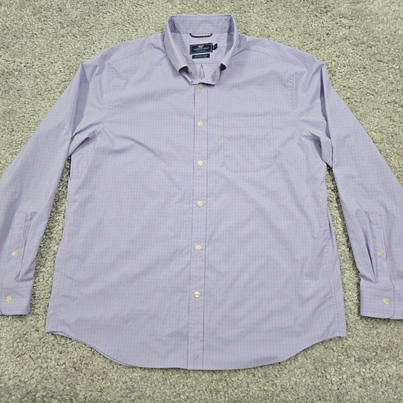 Vineyard Vines Shirt Mens Large Pink‎ Blue Gingham Plaid Performance Classic Fit - Picture 2 of 13